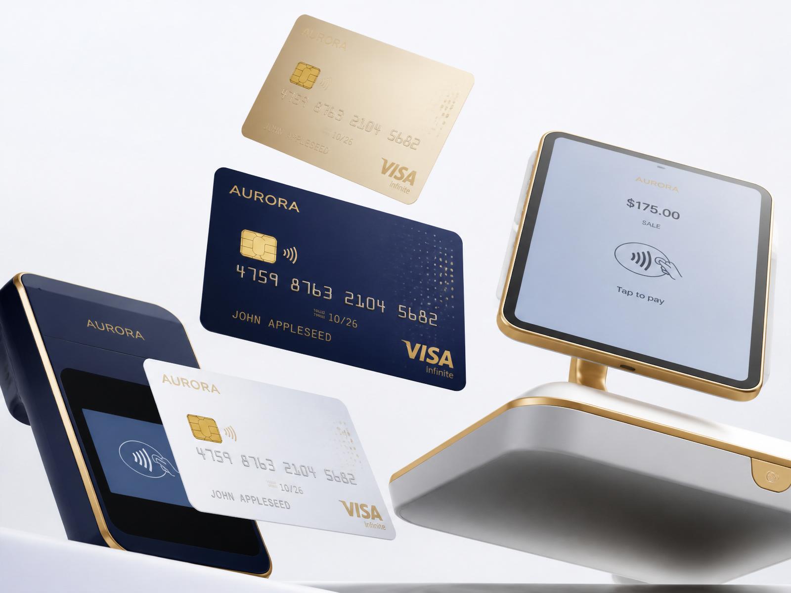 Modern payment terminals, credit cards, and a POS system